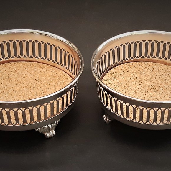 VTG Silverplate Footed Wine Bottle Coaster Holders Set of 2 Pierced Cork Insert - Picture 1 of 10